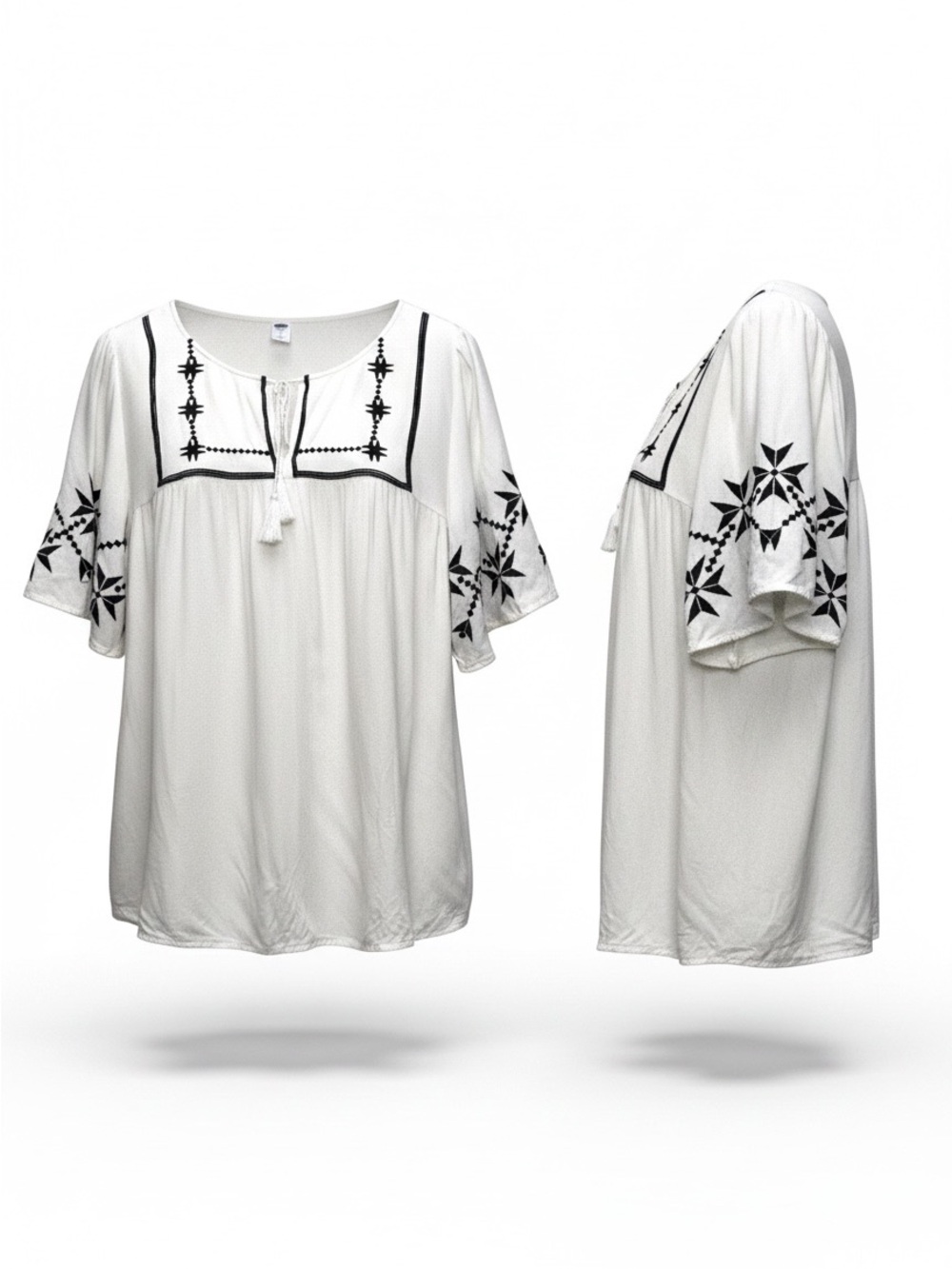 Y2K Peasant Blouse White w Black Boho Embroidery Flutter Sleeves & Tassel Ties L
